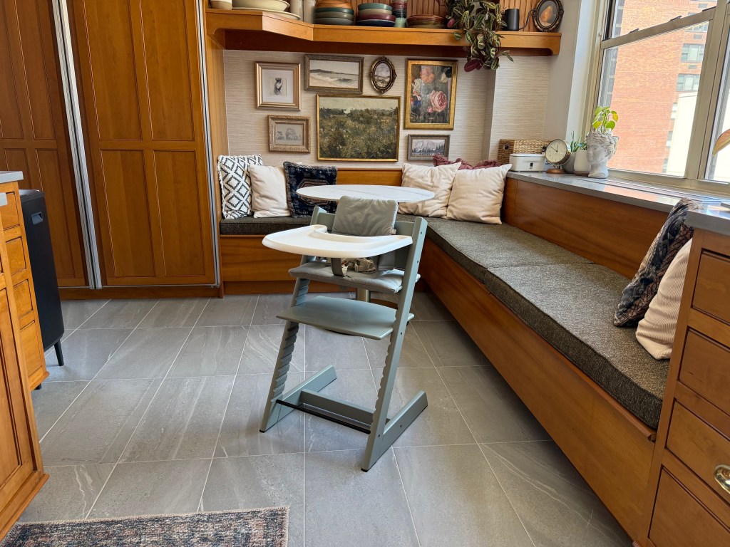 Stokke Tripp Trapp high chair in Glacier Green in a New York City kitchen
