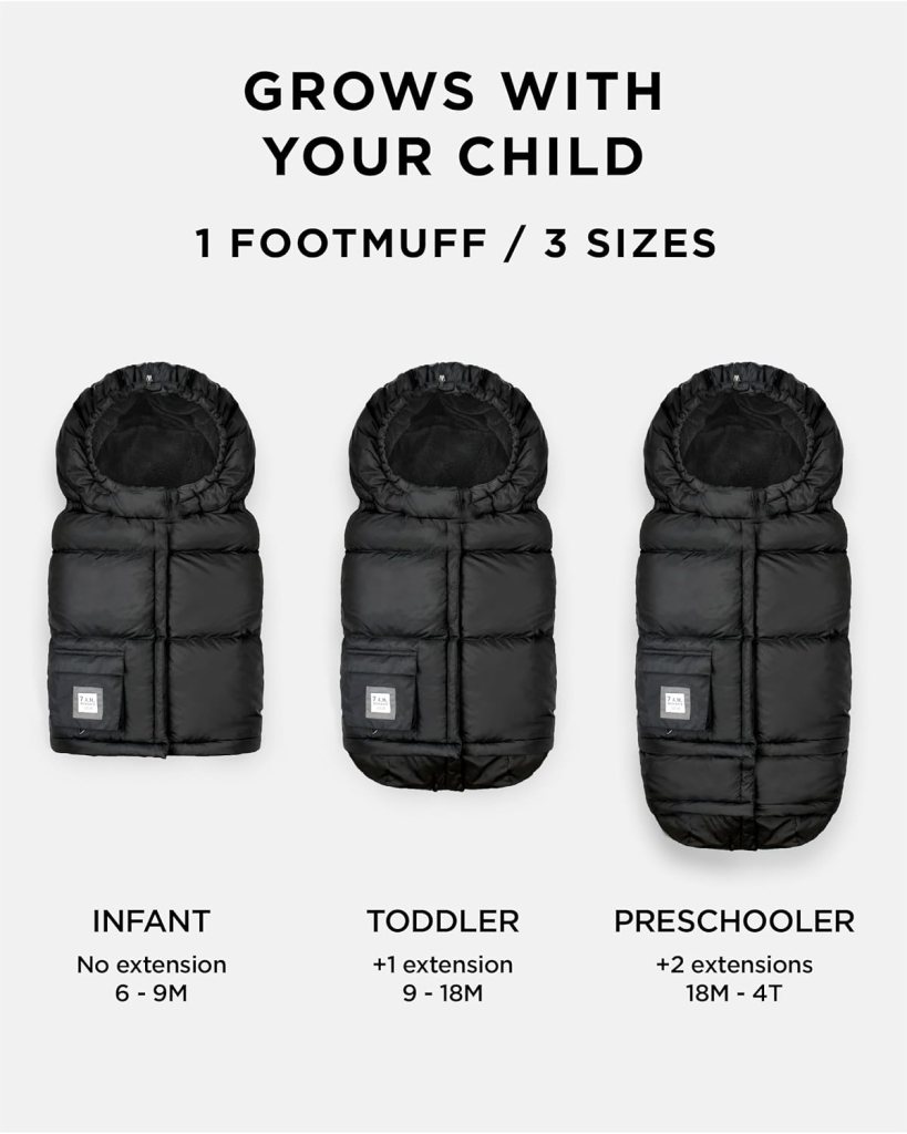 7AM Enfant footmuff showing how it expands for babies to toddlers