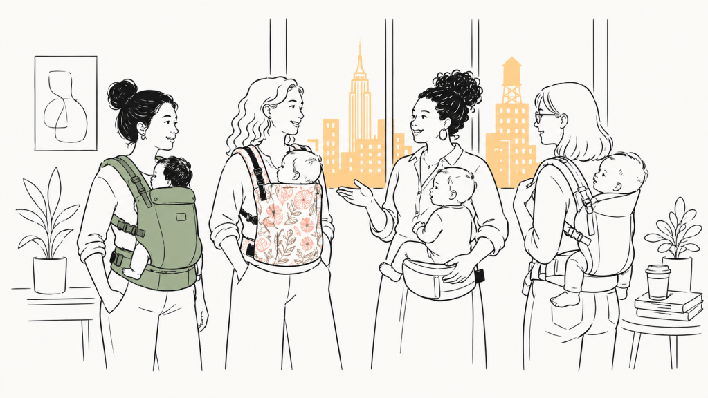 Illustration of moms holding babies in different carriers