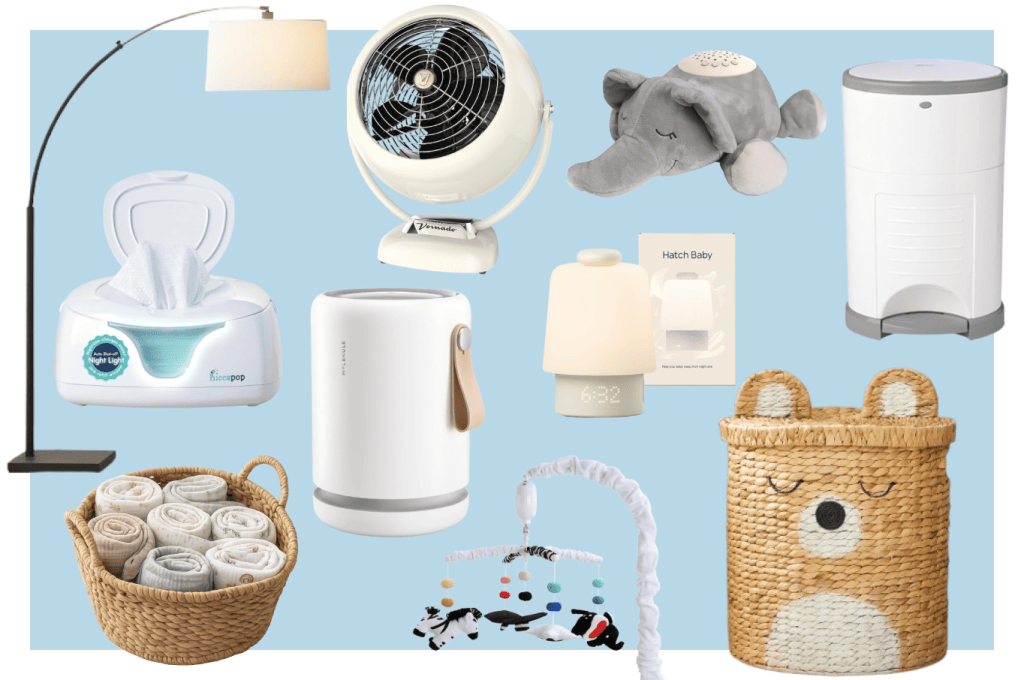 Collage of nursery items on light blue background
