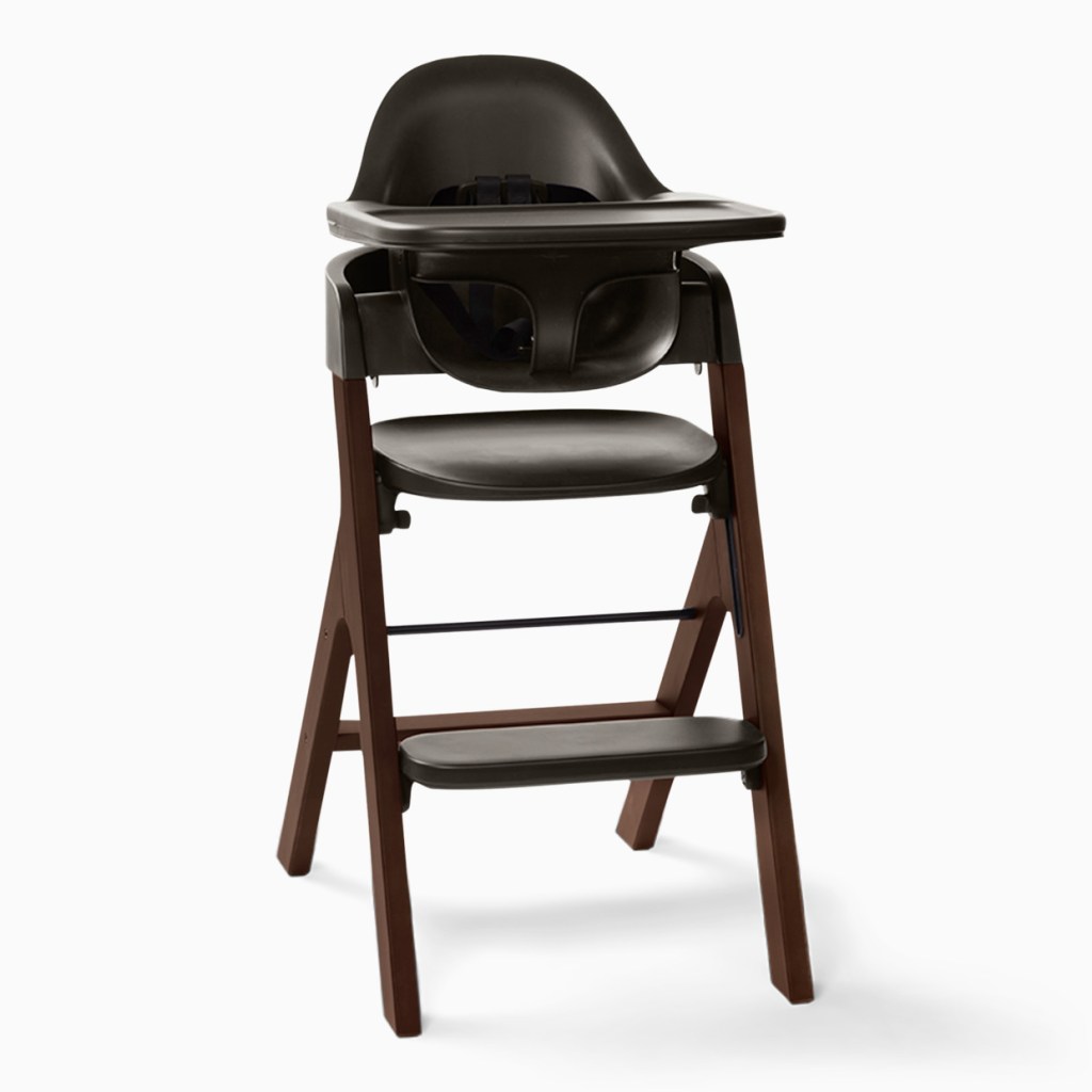 Mocking bird high chair in Dark brown stained beechwood with charcoal black seat