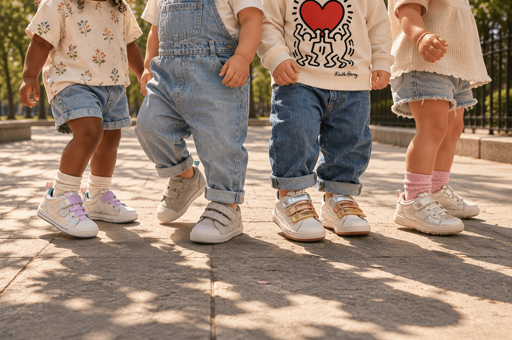 Image of four babies wearing different styles of sneakers and shoes 