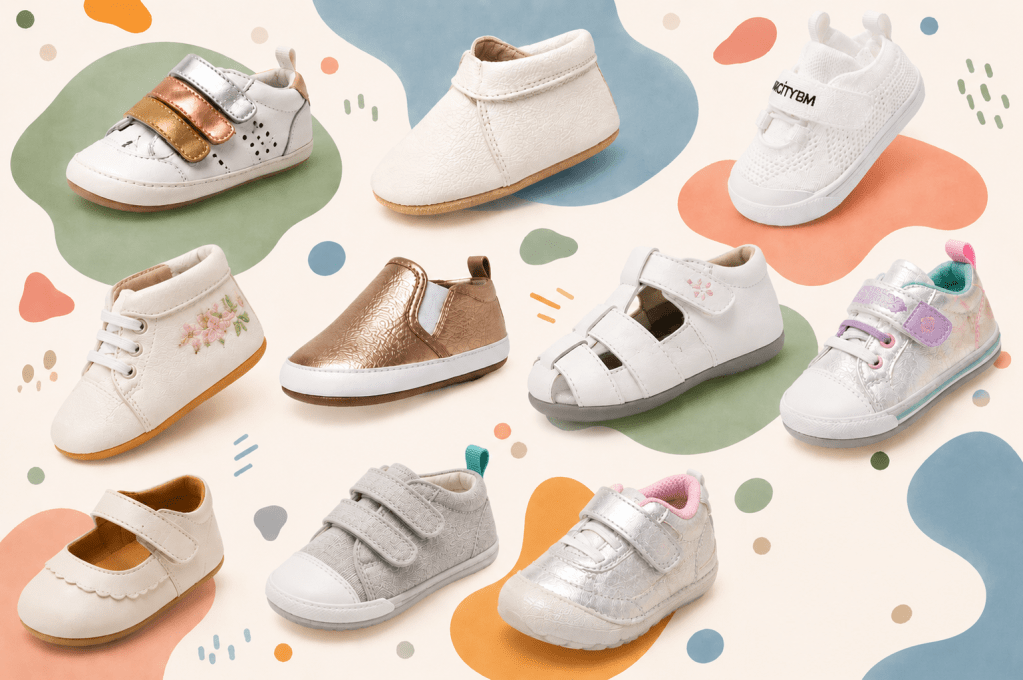 Collage of ten distinct styles of baby shoes