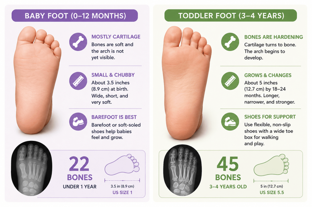 Image of a diagram explaining the differences in foot structure and show needs of a baby vs a toddler. 