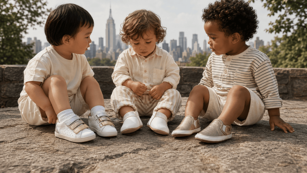 Three toddlers wearing different styles of baby shoes