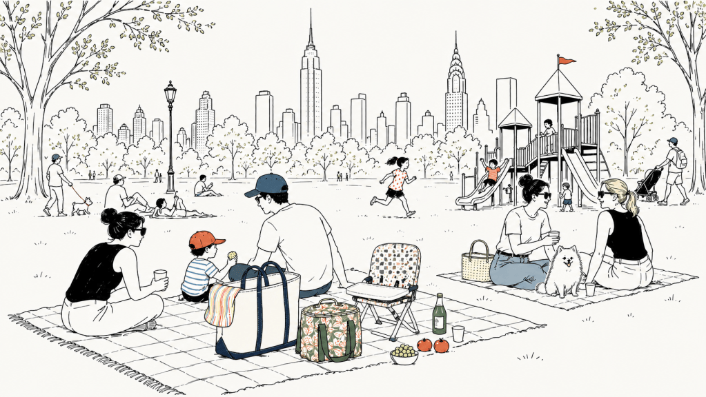 Illustration of families with kids sitting in an NYC park