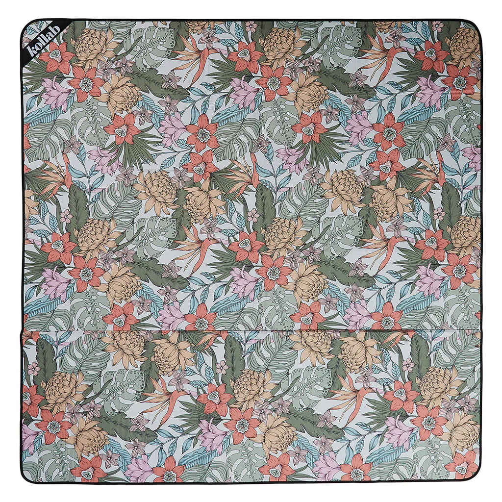 Image of opened Kollab large picnic mat in Birds of Paradise print