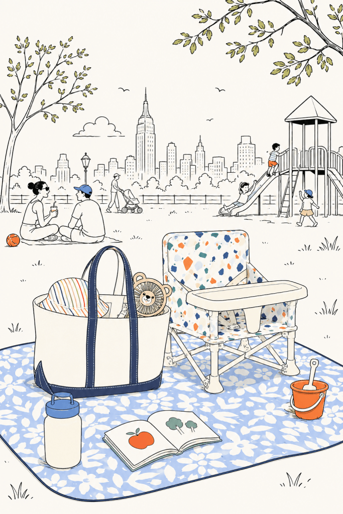 Illustration of picnic blanket, baby chair and park bag