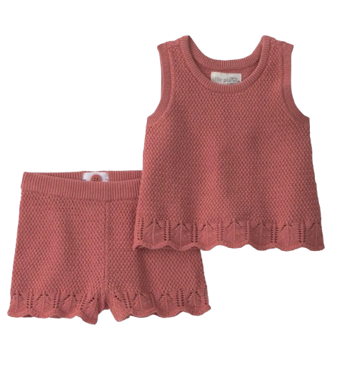 Image of knitted two piece baby outfit in Coral color