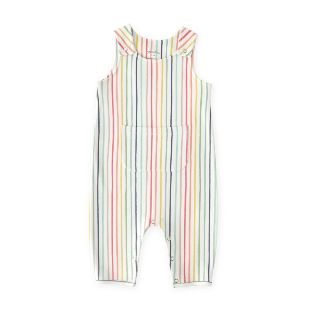 Image of rainbow striped kid's jumpsuit from Pehr