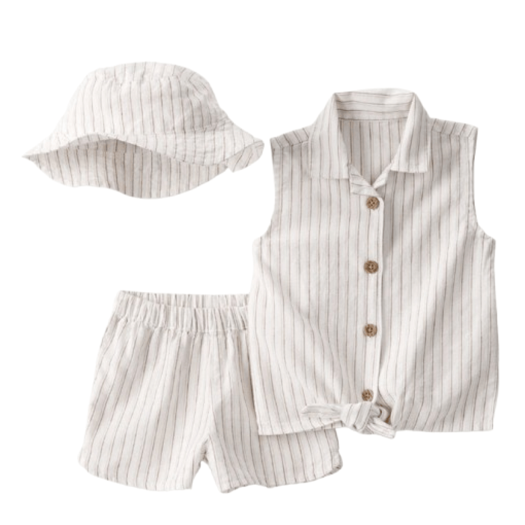 Image of Baby Girl 3-Piece Striped Sleeveless Top & Short Set - Tan/Ivory