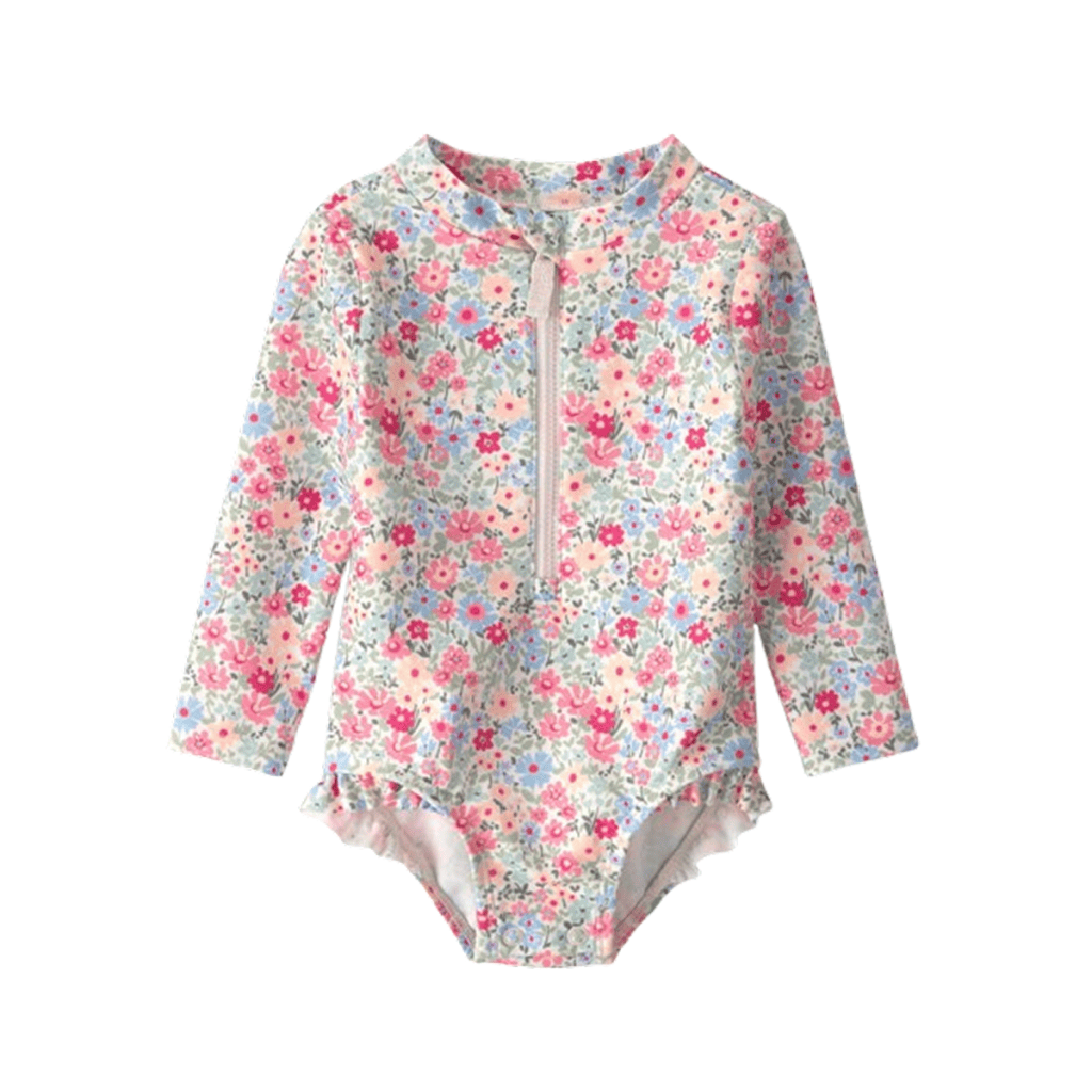 Image of little girl's floral rashguard swimsuit