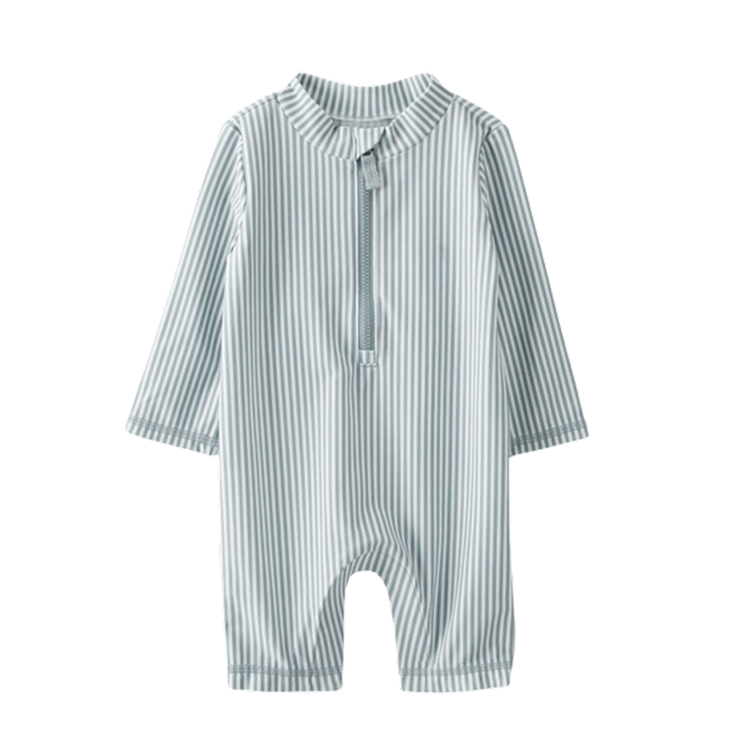 Image of little boy blue striped rash-guard swimsuit
